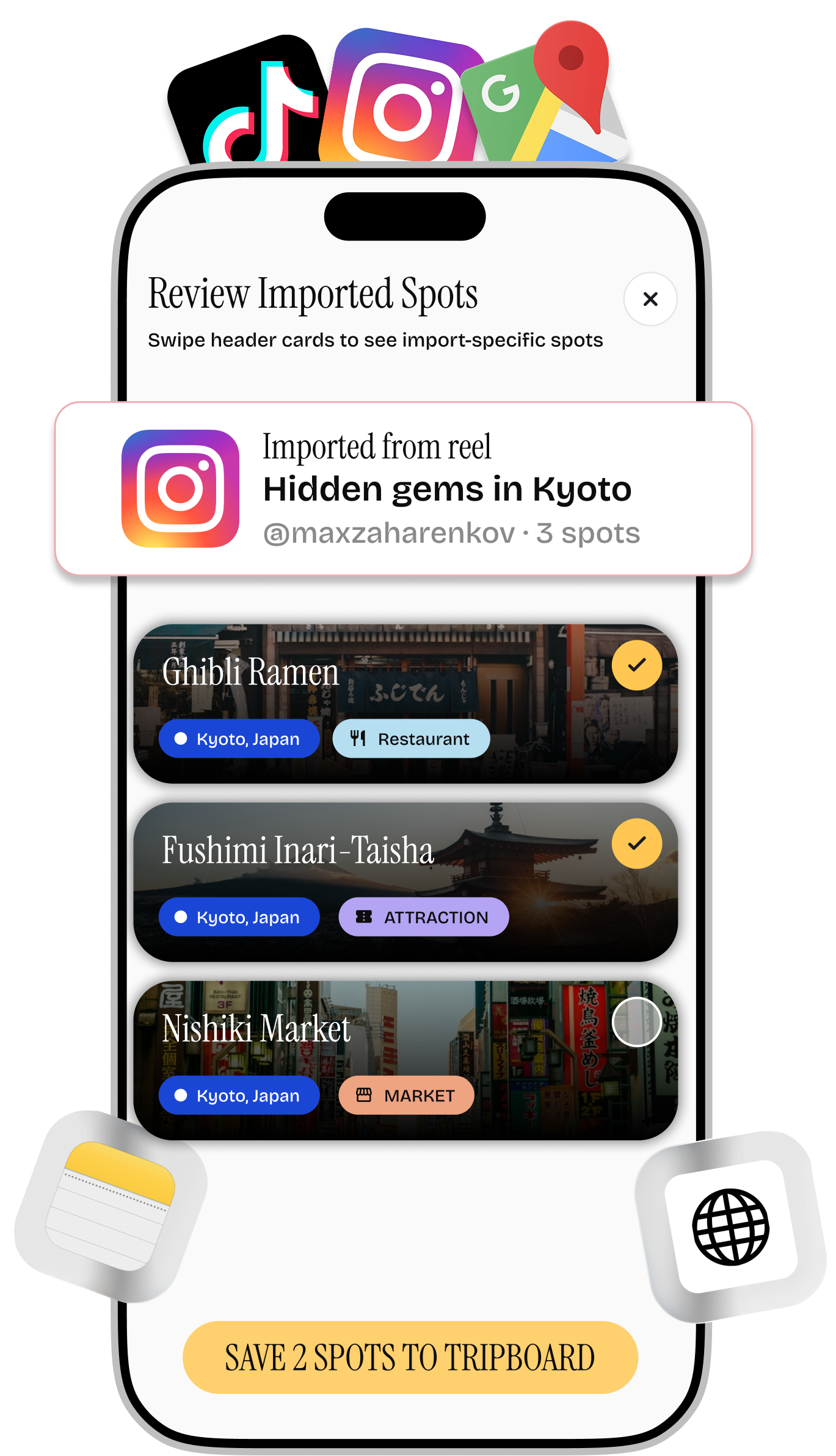 PlanPin importing saved spots from an Instagram reel into a trip board